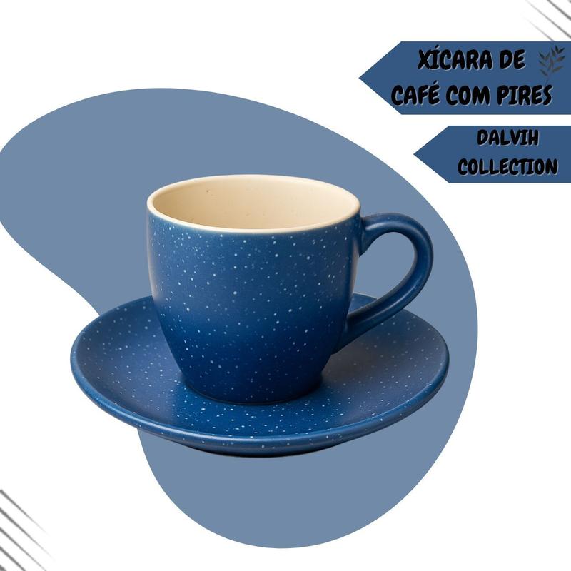 Jogo xicara cafe pires ceramica azul canequinha 8pç 280ml
